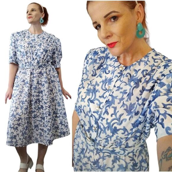 VTG 80s White Blue Floral Belted Midi Dress Size 20P *fits like XL Petite - Picture 1 of 16
